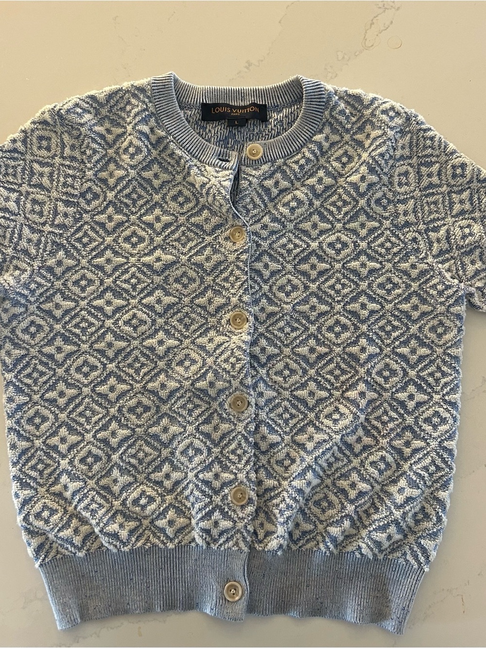 Louis Vuitton Blue and Cream Short-Sleeve Knit Cardigan